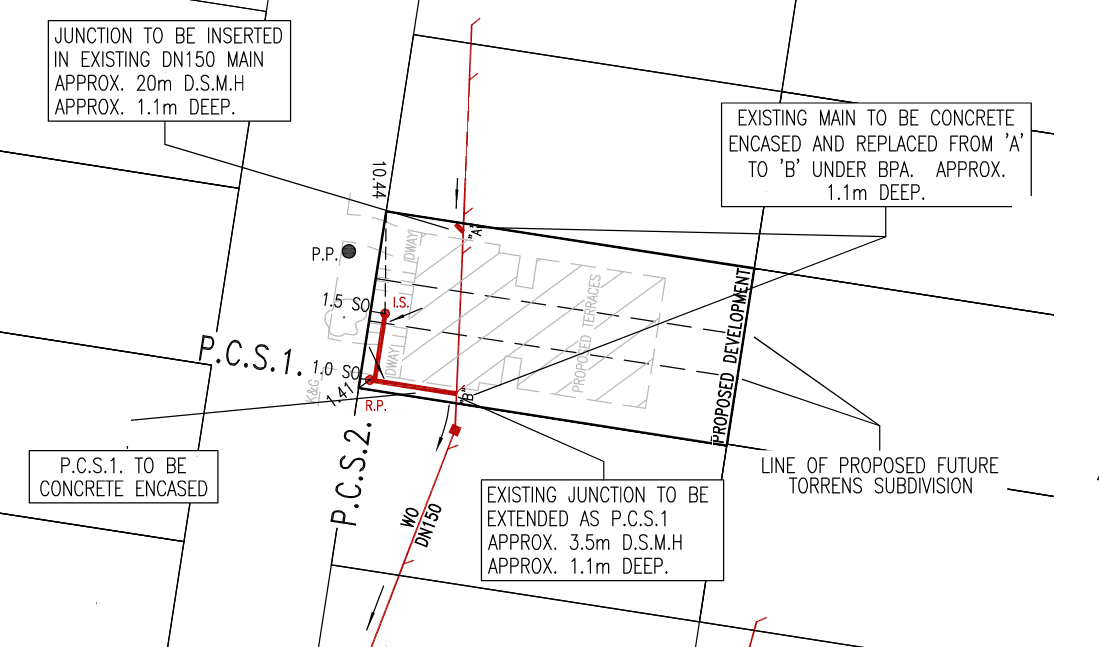 Sydney Water plan showing the sewer main to be replaced and concrete encased from A to B, and the existing junction extended as a new side line