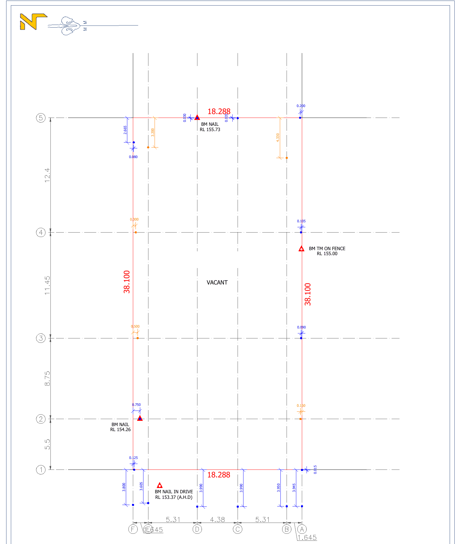 Survey set-out plan showing building grid lines, benchmarks and reduced levels
